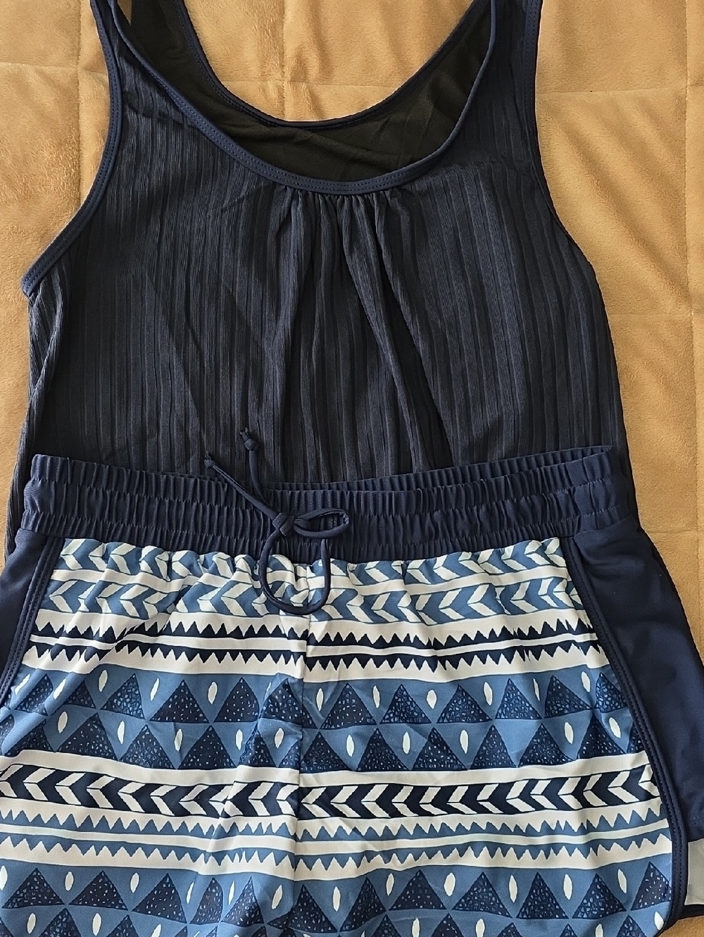Womens Navy Blue Patterned Tankini Blouson Swimsuit. Sz LG.